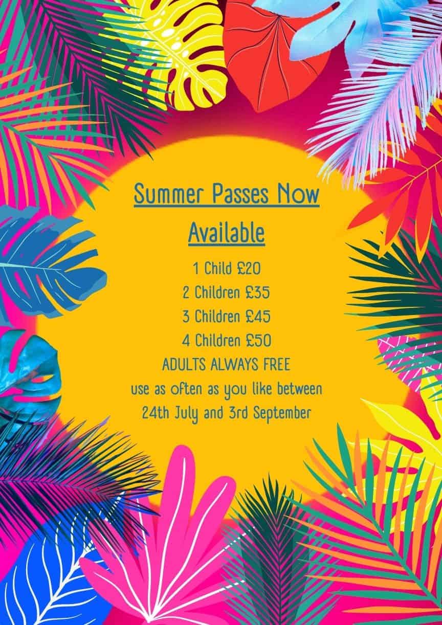 summer passes. pink background with multicolour leaves over a yellow circle. passes available from 20 to 50 pounds for up to 4 children