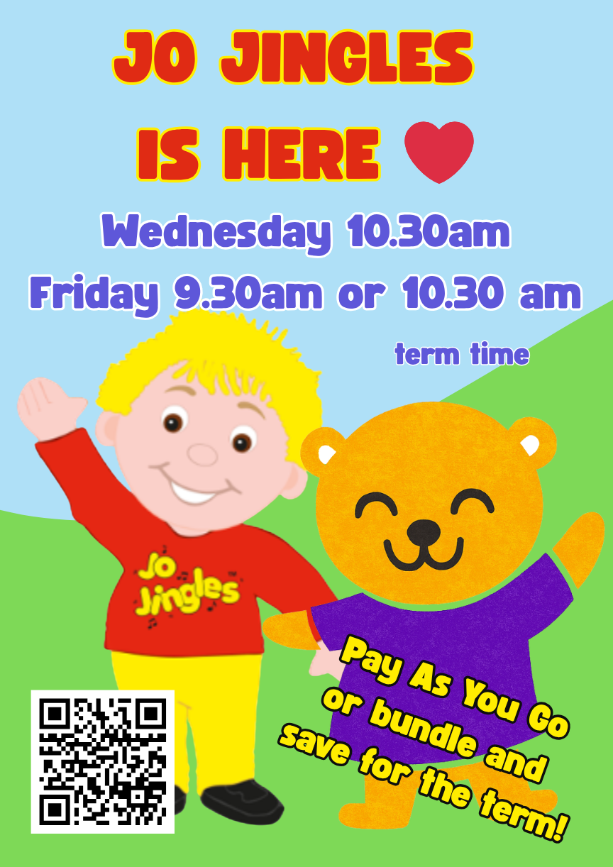 Jo Jingles children’s music and movement classes poster at The Playbarn, Blakemere Village in Northwich. Features colorful cartoon characters — a smiling boy in a red Jo Jingles shirt and an orange bear in a purple outfit. Text reads: “Jo Jingles is here ❤️. Wednesday 10.30am. Friday 9.30am or 10.30am. Term time. Pay As You Go or bundle and save for the term!” Includes a QR code for booking or more information. Fun, interactive music classes for babies and toddlers in Northwich.