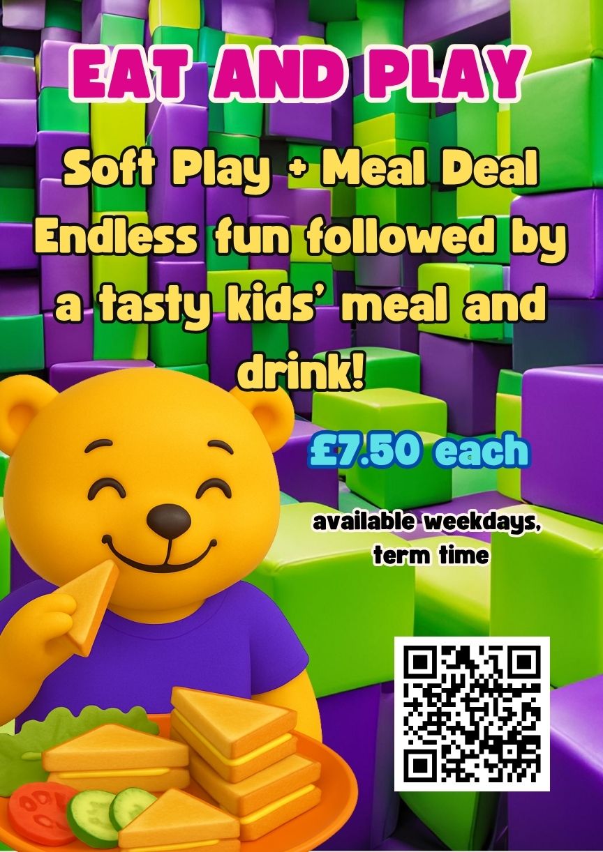 Cartoon bear eating a kids’ meal in front of a colorful soft play area promoting The Playbarn’s Eat and Play deal at Blakemere Village, Northwich, Cheshire.