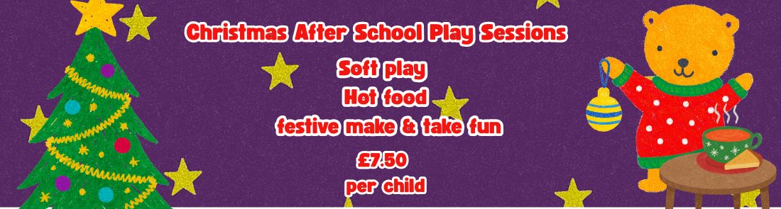 Colorful Christmas workshop poster with purple and black stripes, featuring toys, a Christmas tree, and a cartoon elf. Text reads: “Santa’s Workshop Make and Take Play Sessions. December 2nd, 9th and 16th, 10:30am to 11:30am. All activities included in standard entrance fee.”