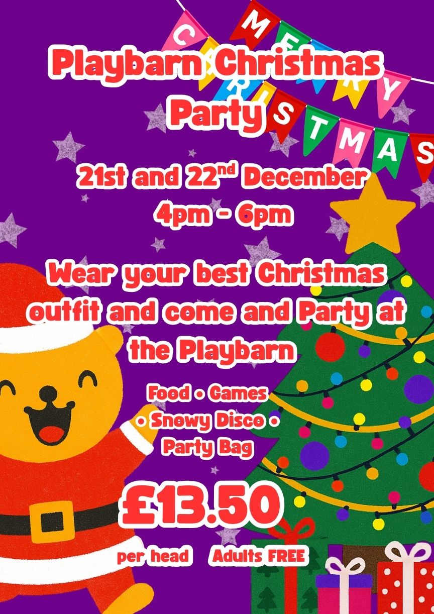 A purple Christmas party poster with a smiling cartoon bear in a Santa outfit, a decorated Christmas tree, bunting flags, stars and presents. Text advertises Playbarn Christmas Party on 21st and 22nd December from 4pm to 6pm, £13.50 per head, adults free, with food, games, snowy disco and party bag.