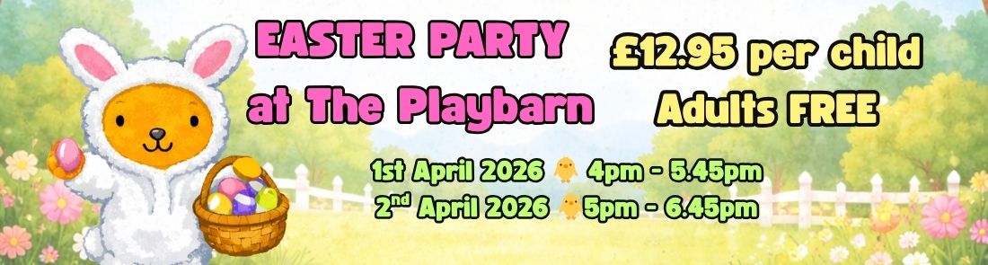 Easter Party at The Playbarn Northwich with bunny mascot, Easter egg hunt, party tea, disco and kids activities on 1st and 2nd April 2026