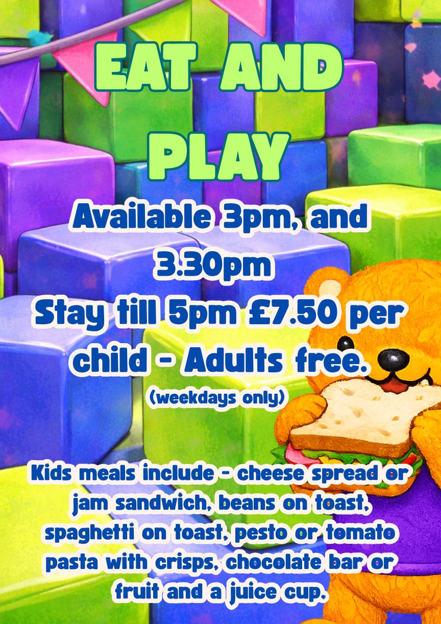 Eat and play soft play offer at The Playbarn Northwich with kids meal and soft play session for £7.50 per child on weekdays.