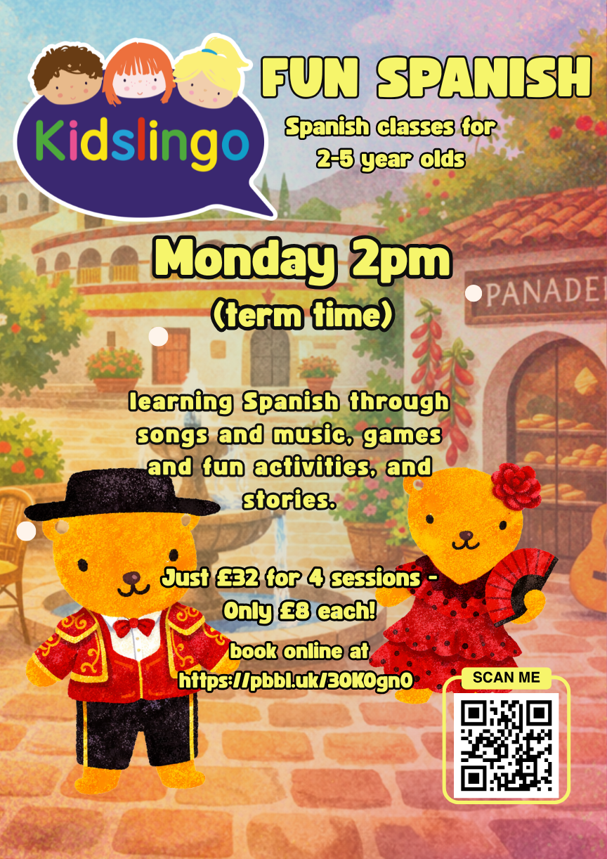 Kidslingo fun Spanish classes for children aged 2–5 in Northwich at The Playbarn, Monday 2pm – learn Spanish through songs, games and stories